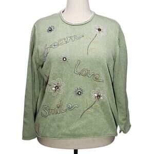 Alfred Dunner Green Embroidered Floral Sweater L | Dream Love Smile Vintage Knit